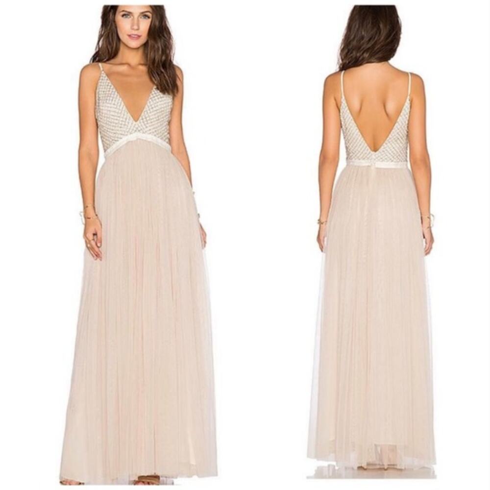 NWT Needle & Thread Plunge‎ V Beaded Tulle Maxi Dress Cream & Dust Pink Size 8